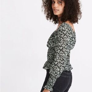 Madewell Georgette Square Neck  Smock-Waist Top in Forest Leaves Medium